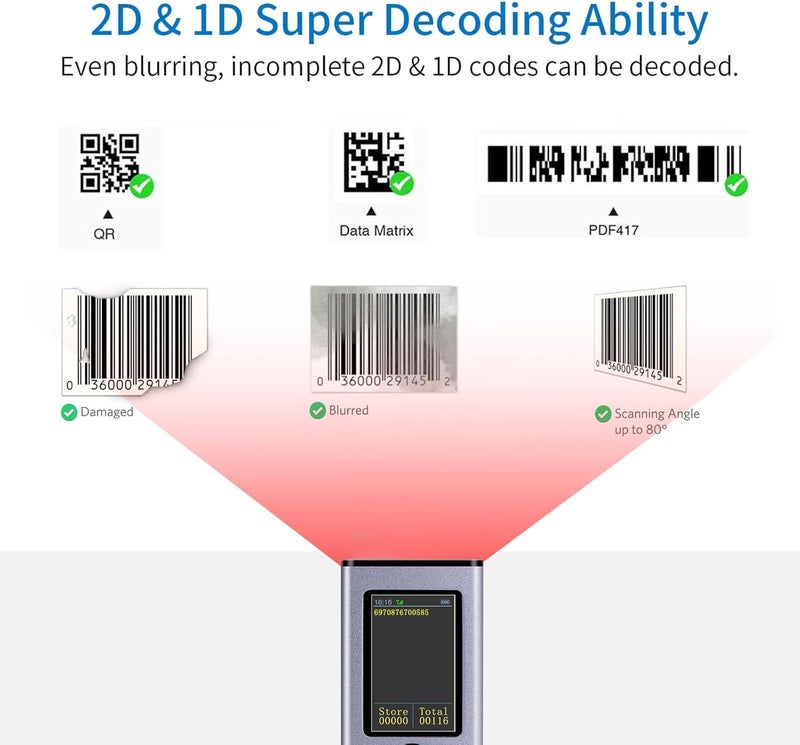 TFT Screen 2D 1D QR Barcode Scanner with 3 in 1 BT and 2.4GHz and Wired Connectivity Sound and Vibrator Support Prompt Offline Storage Compatible with Windows Android Linux For MAC Supermarket - Image 3