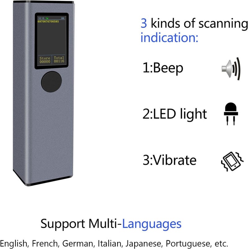 TFT Screen 2D 1D QR Barcode Scanner with 3 in 1 BT and 2.4GHz and Wired Connectivity Sound and Vibrator Support Prompt Offline Storage Compatible with Windows Android Linux For MAC Supermarket - Image 2