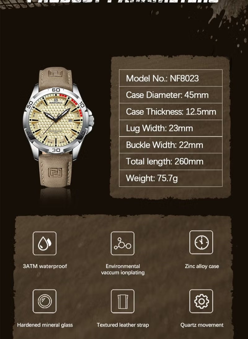 NAVIFORCE Watch for Men Luxury Khaki Dial Light Brown Leather Waterproof Quartz Sports Wristwatch Date Luminous 45mm NF8023 - Khaki - Image 4