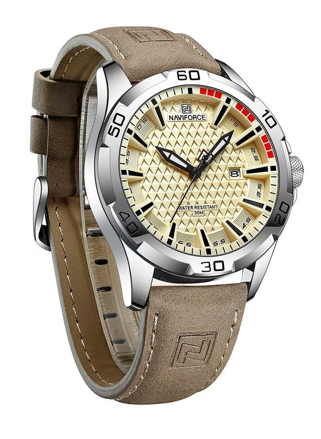 NAVIFORCE Watch for Men Luxury Khaki Dial Light Brown Leather Waterproof Quartz Sports Wristwatch Date Luminous 45mm NF8023 - Khaki - Image 1