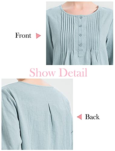 Minibee Women's Scoop Neck Pleated Blouse Solid Color Lovely Button Tunic Shirt White L - Image 3