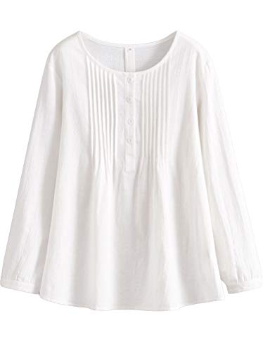 Minibee Women's Scoop Neck Pleated Blouse Solid Color Lovely Button Tunic Shirt White L - Image 2