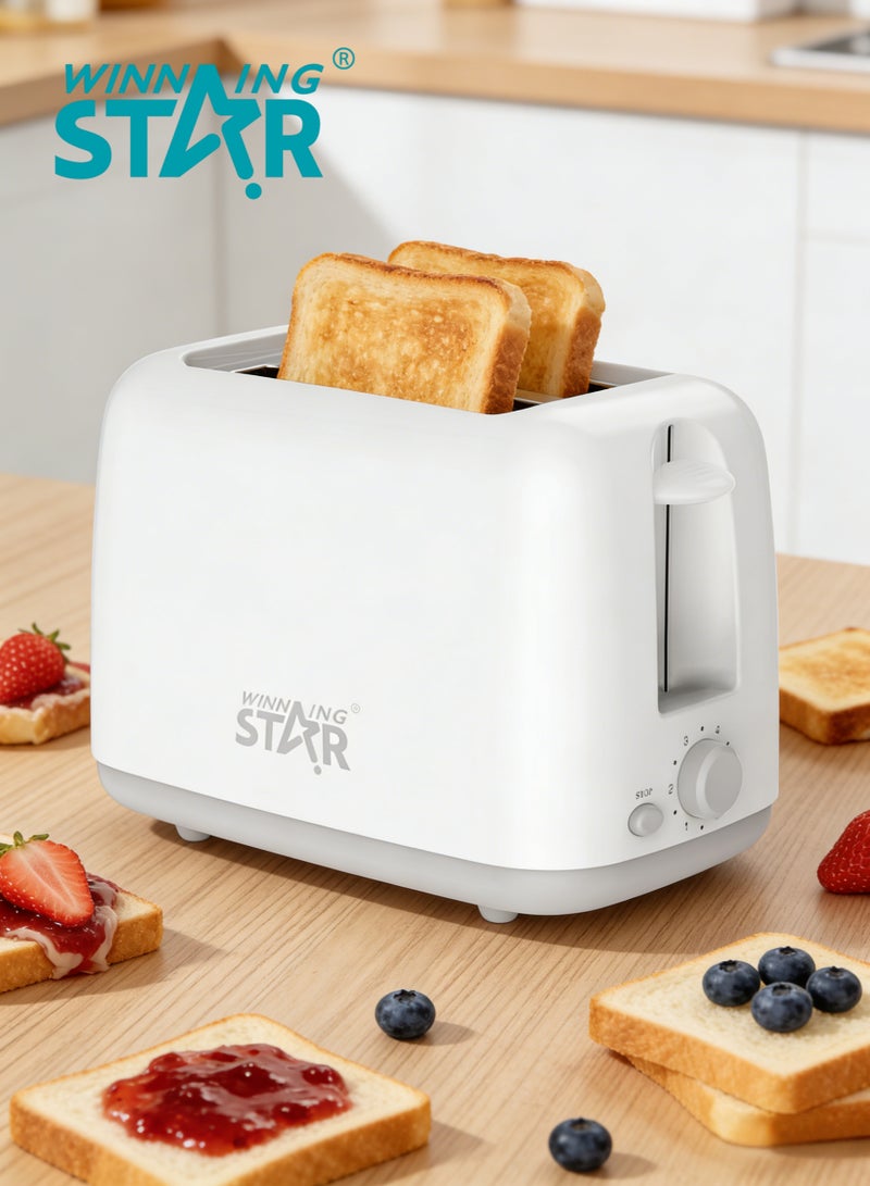Winning Star Electric 2 Slice Toaster Machine with 6-Shade Browning Selector Setting, 750W Power Perfect for Toasting Bread, Thin Bagels and Waffles, Stainless Steel Bread Toaster, White - Image 1