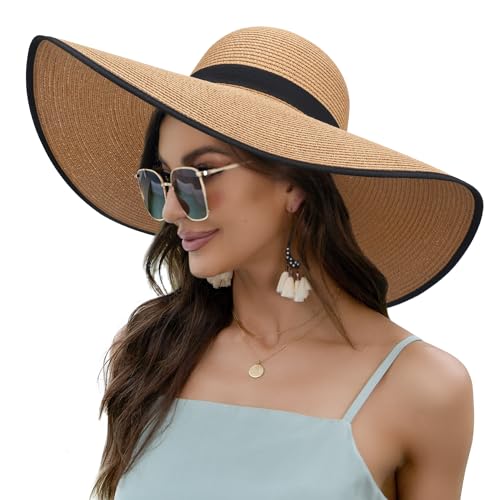 Naivlizer Women Wide Brim Sun Hat UPF50 Straw Summer Hat Floppy Beach Hat Roll-Up, Khaki - Image 1