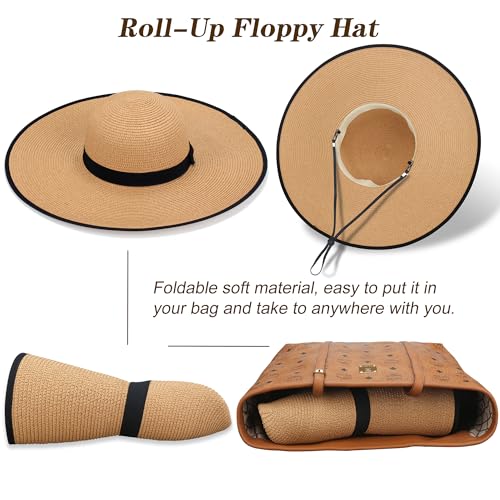 Naivlizer Women Wide Brim Sun Hat UPF50 Straw Summer Hat Floppy Beach Hat Roll-Up, Khaki - Image 4