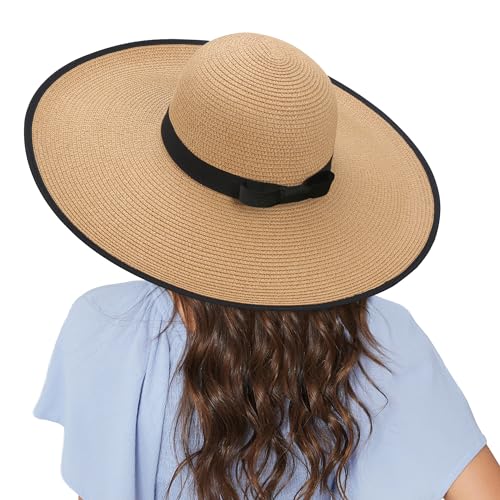 Naivlizer Women Wide Brim Sun Hat UPF50 Straw Summer Hat Floppy Beach Hat Roll-Up, Khaki - Image 3