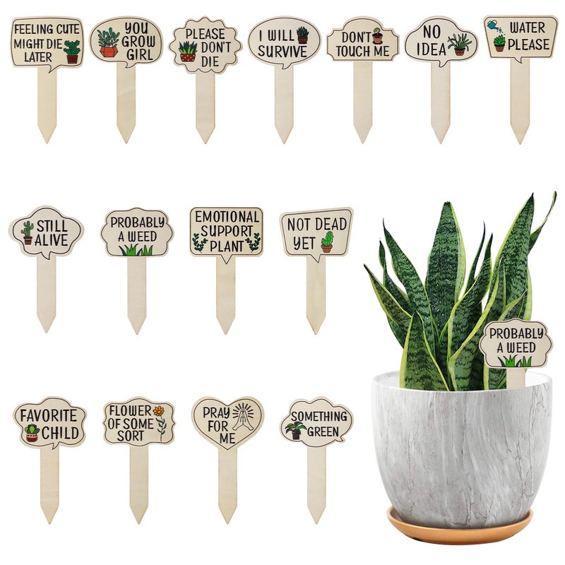 PEUTIER 15pcs Garden Plant Markers, Wooden Plant Labels Tab Funny Plant Signs with Stake, Interesting Words & Cute Patterns Garden Tags Labels for Outdoor Indoor Patio Supplies Novelty Gifts - Image 1