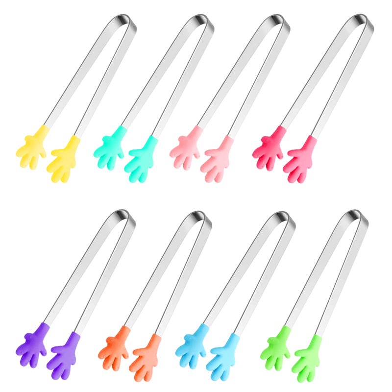8PCS Silicone Mini Tongs 5Inch Hand Shape Food Tongs Colourful Small Kids Tongs for Serving Food Ice Cube fruits Sugar Barbecue by Sunenlyst Palm sharp