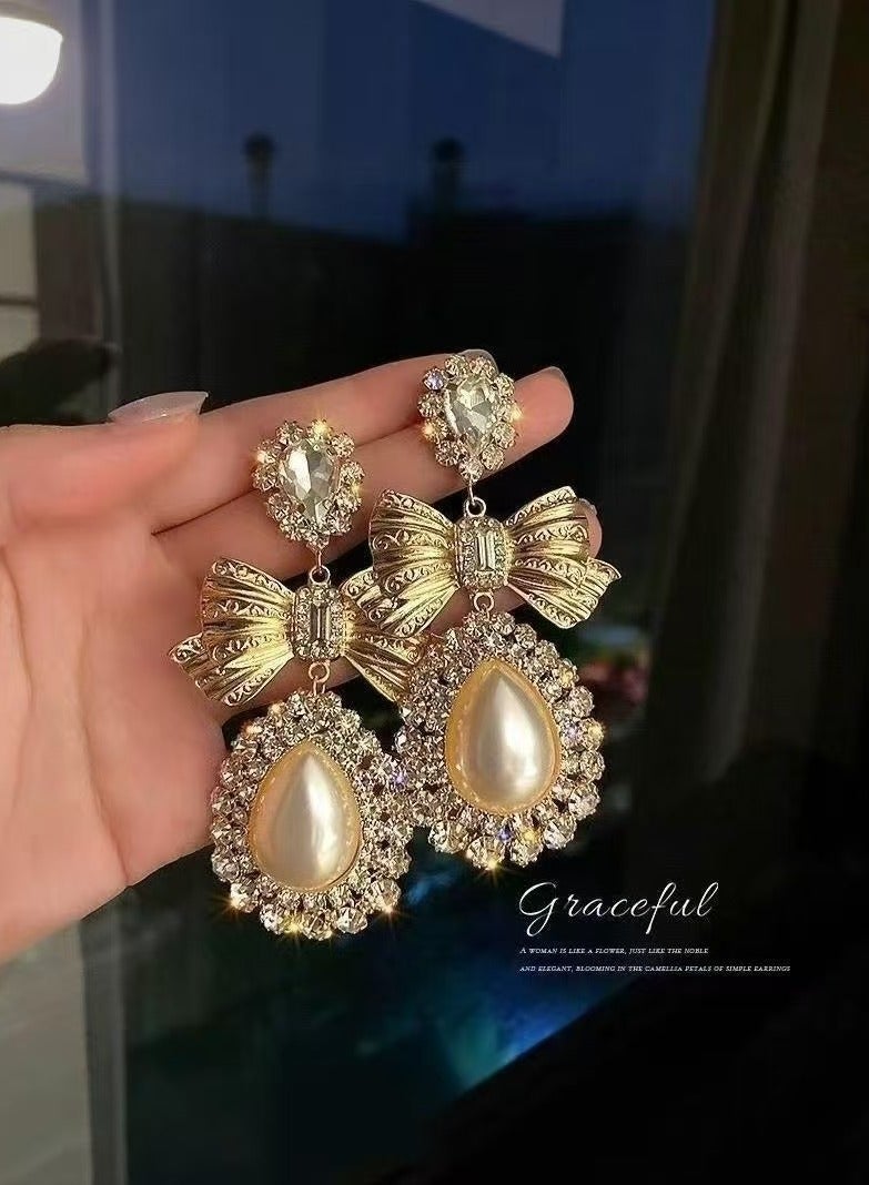 [شبكة كاملة الساخنة] bowknot اللؤلؤ الأقراط الإناث كبار الإحساس بالإنترنت الأقراط المشاهير 2025 ملحقات جديدة عيد ميلاد هدية - Image 3