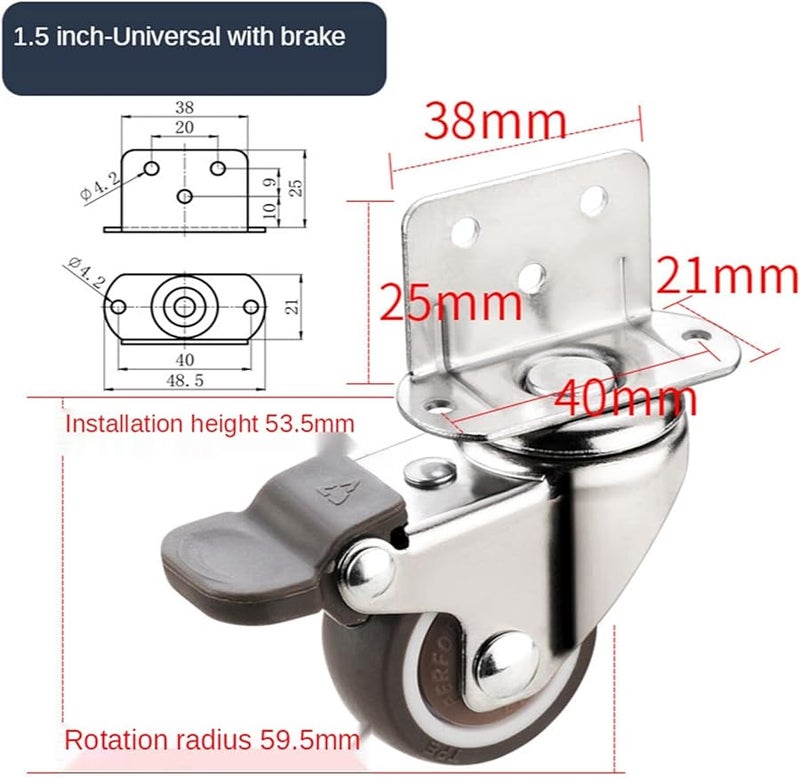 Heavy Duty Mute Swivel Casters 1 5 Inch With Brake Soft Rubber Wheels For Furniture Cabinet Workbench - Image 3