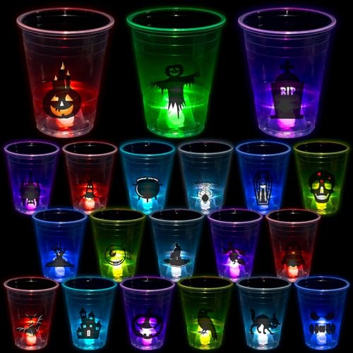CUPLOOV Halloween Glow in The Dark Party Cups 25Pcs Halloween Disposable Plastic Cups Light Up Cups with Horror Stickers for Kids Adults Birthday Party Decorations Supplies 16oz - Image 1