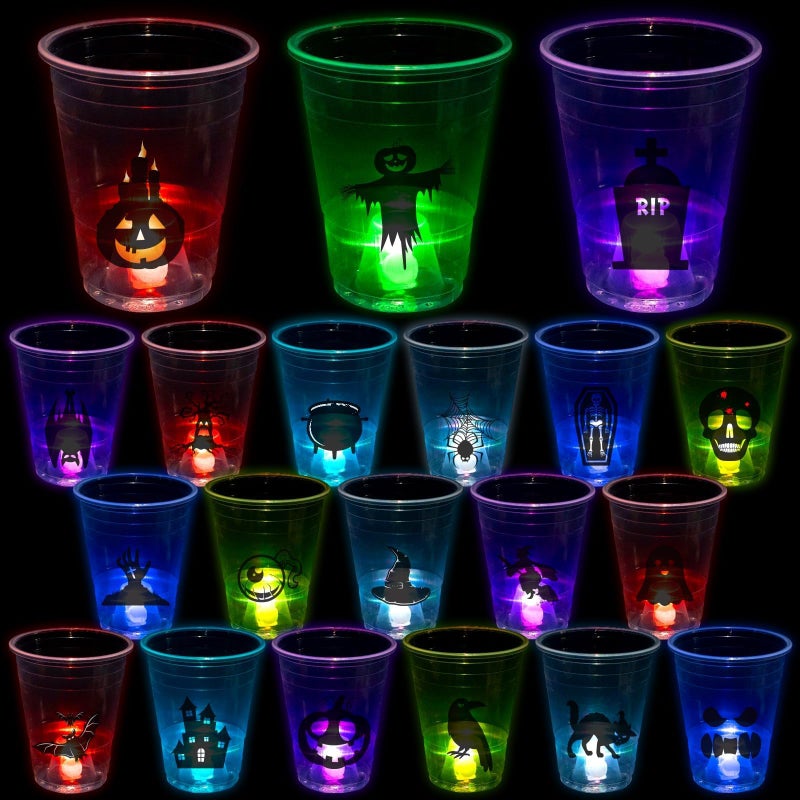 CUPLOOV Halloween Glow in The Dark Party Cups 25Pcs Halloween Disposable Plastic Cups Light Up Cups with Horror Stickers for Kids Adults Birthday Party Decorations Supplies 16oz - Image 2