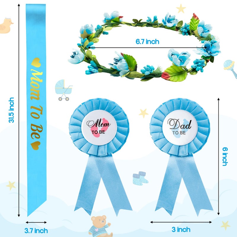 2ooya Blue and Gold Mom to Be Sash Kit Gender Reveals Party Floral Garland Crown with Daddy to Be Tinplate Badge Combo Decor Supplies Favors for Boys Baby Shower Party Photo Prop Gift - Image 2