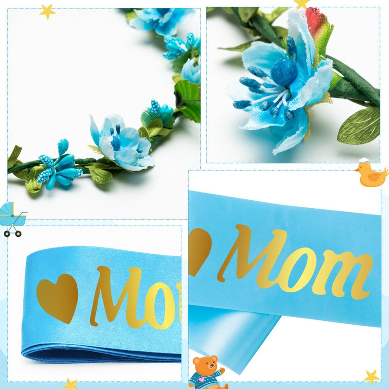 2ooya Blue and Gold Mom to Be Sash Kit Gender Reveals Party Floral Garland Crown with Daddy to Be Tinplate Badge Combo Decor Supplies Favors for Boys Baby Shower Party Photo Prop Gift - Image 4
