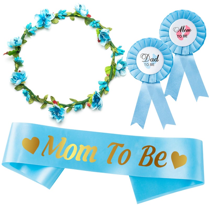 2ooya Blue and Gold Mom to Be Sash Kit Gender Reveals Party Floral Garland Crown with Daddy to Be Tinplate Badge Combo Decor Supplies Favors for Boys Baby Shower Party Photo Prop Gift - Image 1