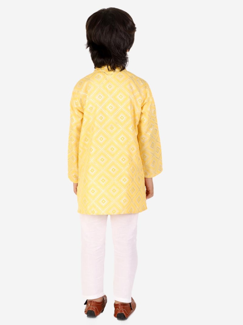 superminis Boys Silver Foil Printed Cotton Kurta, Round Collar, Full Sleeves With White Pajamas (Yellow, 2-3 Years) - Image 5