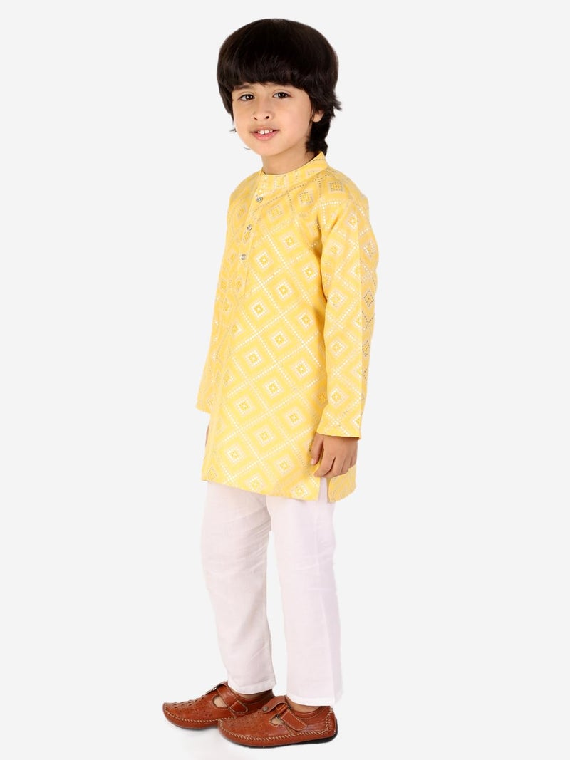 superminis Boys Silver Foil Printed Cotton Kurta, Round Collar, Full Sleeves With White Pajamas (Yellow, 2-3 Years) - Image 3
