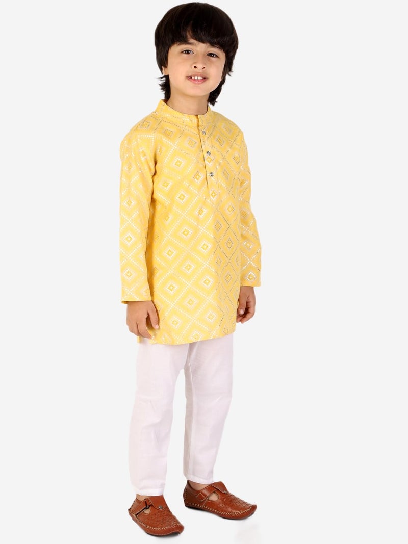 superminis Boys Silver Foil Printed Cotton Kurta, Round Collar, Full Sleeves With White Pajamas (Yellow, 2-3 Years) - Image 4