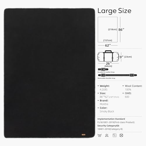 Molithe 100% Wool Blanket, 62" x 86", Warm, Thick, Washable, Military Wool Blanket, Great for Camping, Outdoors, Sporting Events, Survival Kits,Carbon Black - Image 3
