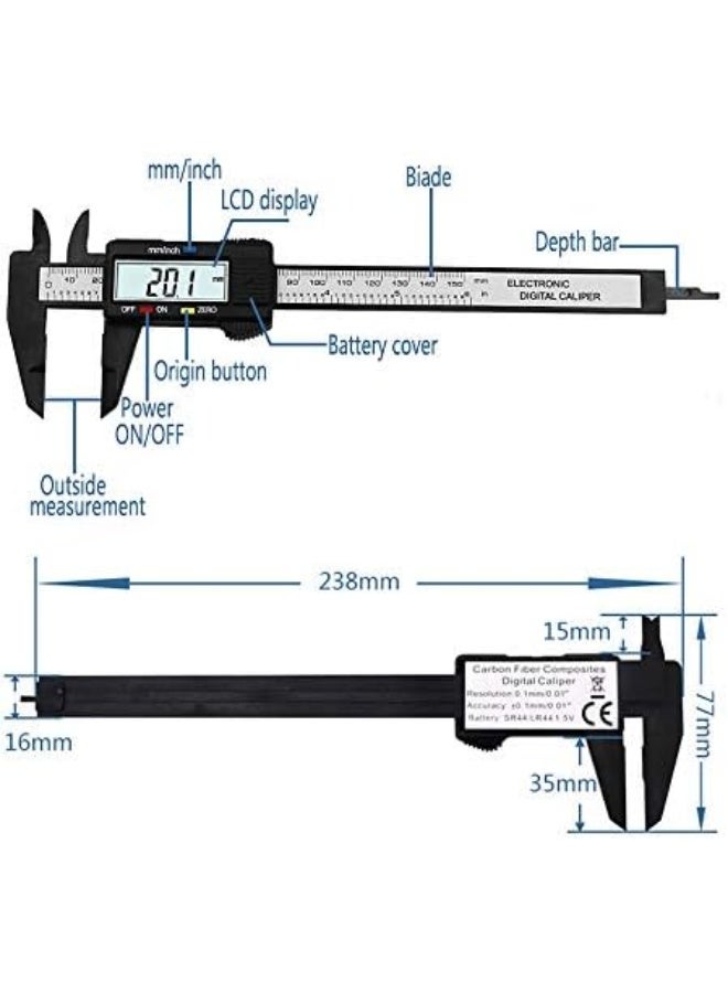 150mm 6 inch LCD Digital Electronic Carbon Fiber Vernier Caliper Gauge Micrometer - Image 5