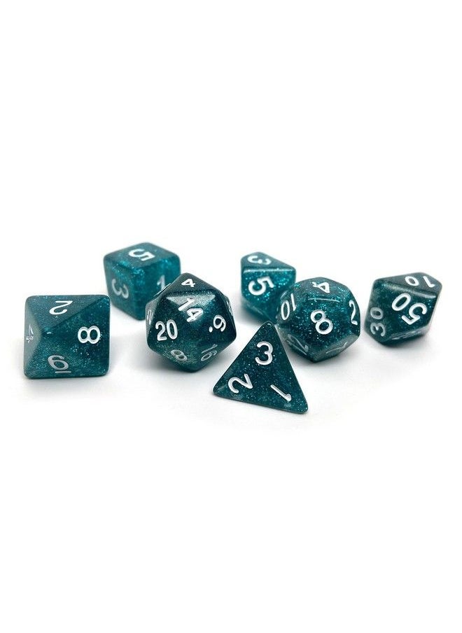 Easy Roller Dice Co. Glitter And Sparkle Polyhedral Dice Set 7 Piece Dice Set With One D20 D12 D10 D8 D6 D4 And D00 (Teal Sparkle With White Font)  - Image 1