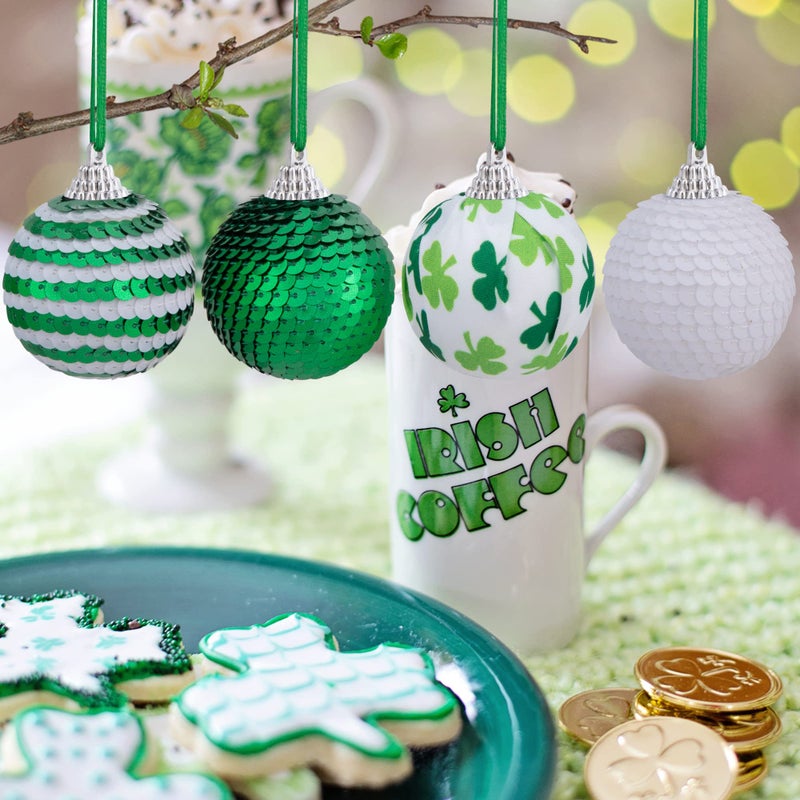 LFUTARI St Patricks Day Sequin Hanging Balls - 1.96 Inch Glitter Irish Clover Shamrock Ball Ornament - White Green Clover Hanging Ball for St. Patrick's Day Irish Party Tree Decor - Image 5