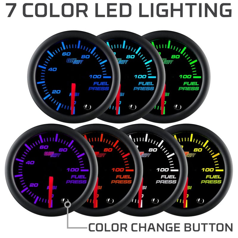 GlowShift Tinted 7 Color 100 PSI Fuel Pressure Gauge Kit - Includes 1/8-27 NPT Electronic Sensor & Wiring - Multi-Color Display - Black Dial - Smoked Lens - for Car & Truck - 2-1/16" 52mm - Image 3