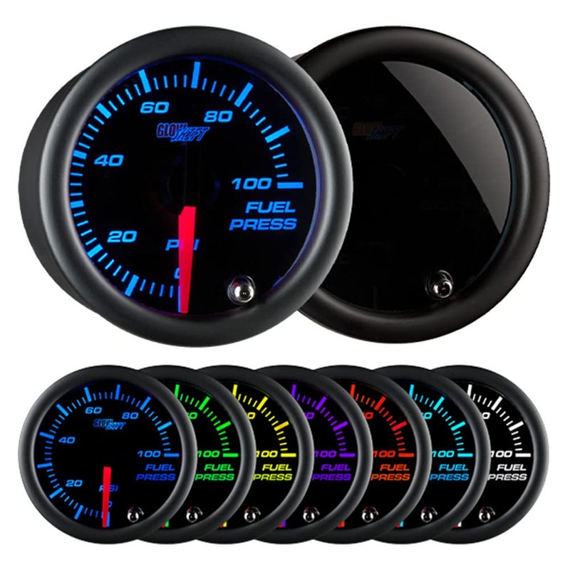 GlowShift Tinted 7 Color 100 PSI Fuel Pressure Gauge Kit - Includes 1/8-27 NPT Electronic Sensor & Wiring - Multi-Color Display - Black Dial - Smoked Lens - for Car & Truck - 2-1/16" 52mm - Image 1