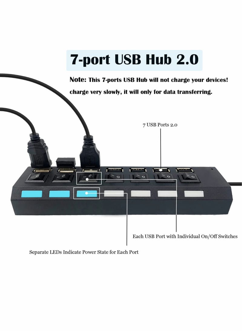 كابتن تيك Multi Port USB Hub Splitter, 7-Port USB 2.0 Hub for Laptop, USB Port Expander with On/Off Individual Switch Compatible for All USB Device (Black) - Image 2
