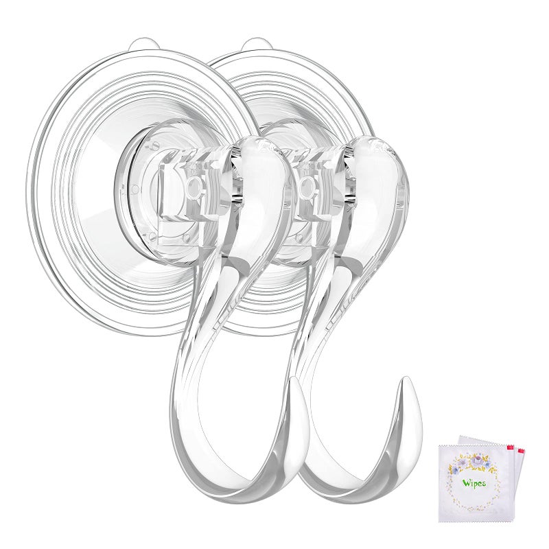 VIS'V Suction Cup Hooks, Small Clear Heavy Duty Vacuum Suction Hooks with Wipes Shower Suction Cups with Hooks Removable Reusable Suction Hangers for Tile Wall Window Glass Door 2 Pcs - Image 1