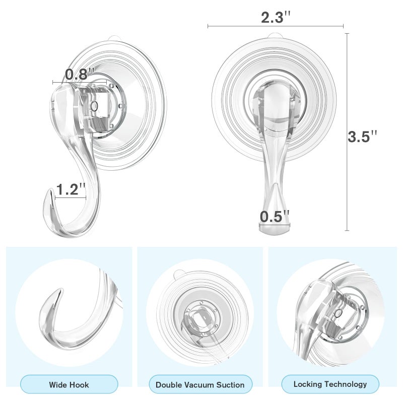 VIS'V Suction Cup Hooks, Small Clear Heavy Duty Vacuum Suction Hooks with Wipes Shower Suction Cups with Hooks Removable Reusable Suction Hangers for Tile Wall Window Glass Door 2 Pcs - Image 5