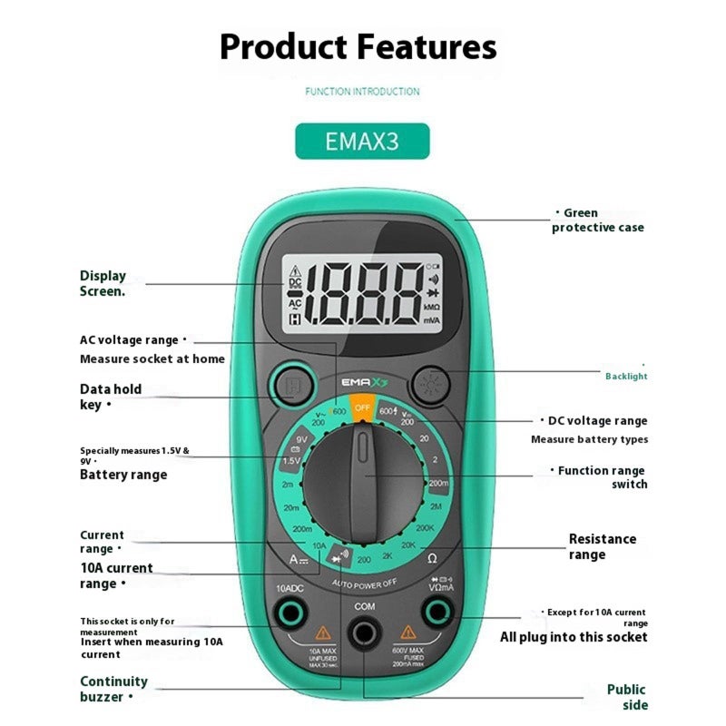 EMAX5 ملتيميتر رقمي بشاشة LCD مضاءة وصفارة وعداد 1999، جهاز اختبار جهد محمول - Image 4
