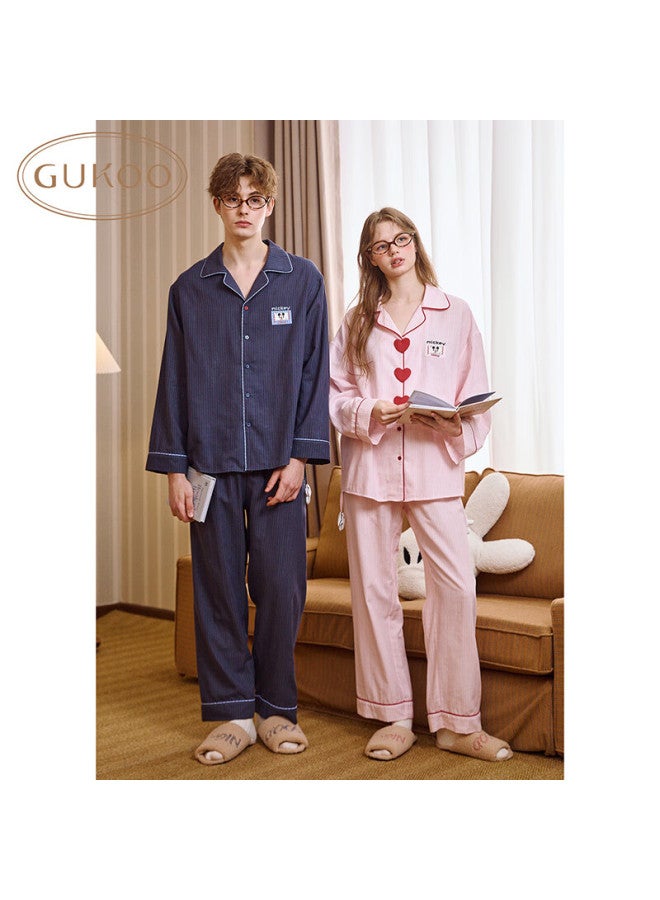 Gukoo Disney Series Striped Collar Cotton Long Sleeve Women's Couple Pajama Set Pure Blue L Spring Autumn - Image 3
