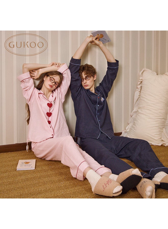 Gukoo Disney Series Striped Collar Cotton Long Sleeve Women's Couple Pajama Set Pure Blue L Spring Autumn - Image 1