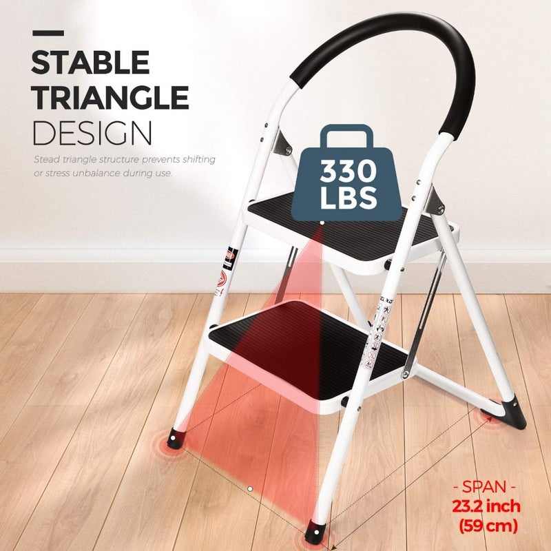 2-Step Folding Stool Steel Stepladder with Handgrip Anti-Slip Wide Pedal Sturdy 330 lbs Capacity White and Black Combo 2-Foot Height - Image 2