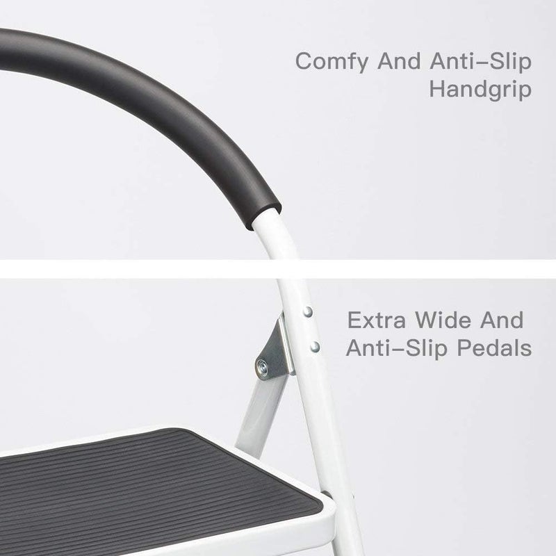 2-Step Folding Stool Steel Stepladder with Handgrip Anti-Slip Wide Pedal Sturdy 330 lbs Capacity White and Black Combo 2-Foot Height - Image 5