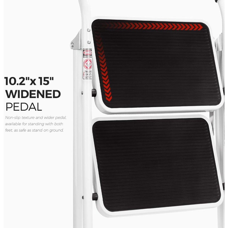 2-Step Folding Stool Steel Stepladder with Handgrip Anti-Slip Wide Pedal Sturdy 330 lbs Capacity White and Black Combo 2-Foot Height - Image 4