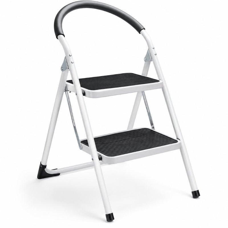 2-Step Folding Stool Steel Stepladder with Handgrip Anti-Slip Wide Pedal Sturdy 330 lbs Capacity White and Black Combo 2-Foot Height - Image 1
