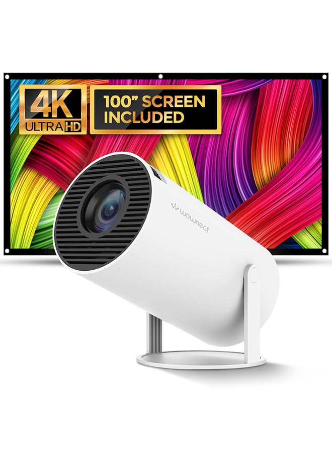 Mini Projector HY300 With 100" Projector Screen,Auto Keystone Correction, 4K 1080P Support Projector,2.4/5G WiFi, Android 12.0 Video Projector PROJ-WO-87-AN_SCR-03 White