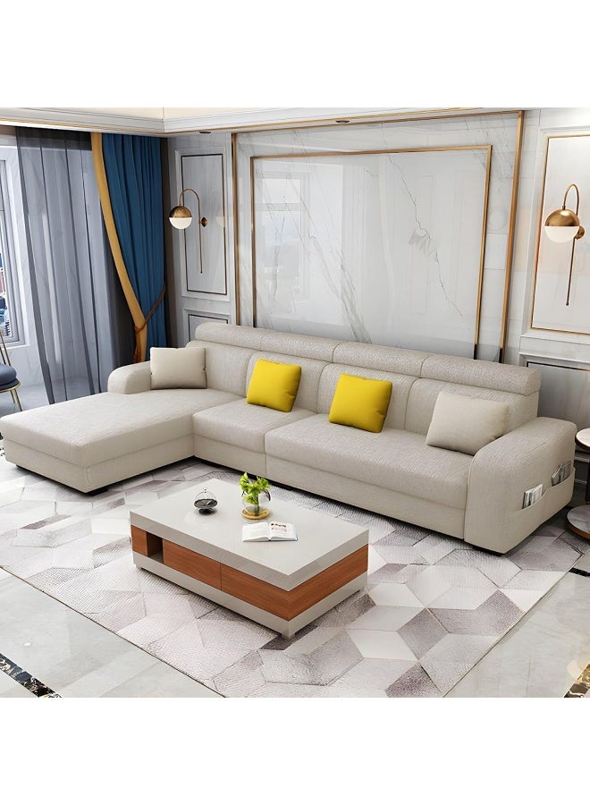 Poppins Home Stylish Retro 4-Seater Sofa with Chaise Lounge  Square Arm Design in Premium Fabric Upholstery (Beige, RIGHT BED) - Image 1