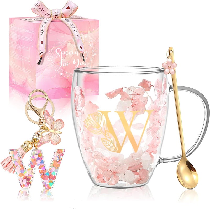 BigNoseDeer Gifts for Women Glass Coffee Mugs Unique Birthday Gift for Women Her Ladies Espresso Tea Cups Personalised Friendship Wedding Gifts Cute Double Walled Glass Mugs Pink Stuff Graduation Gift (Letter W) - Image 1