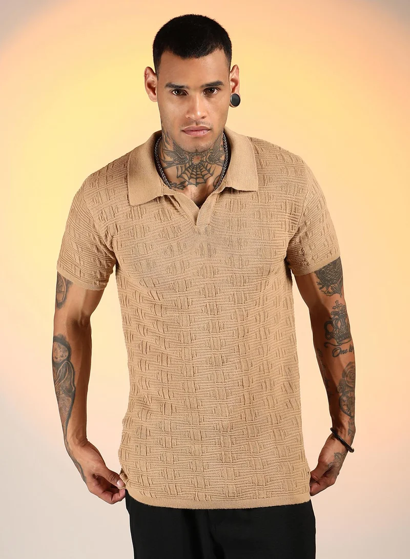 Campus Sutra Men's Sand Beige Greek-Textured Polo T-Shirt