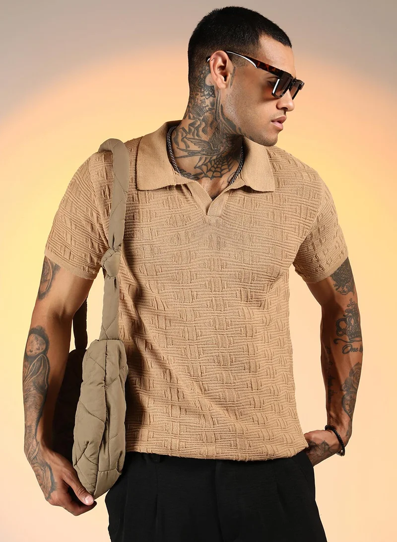Campus Sutra Men's Sand Beige Greek-Textured Polo T-Shirt