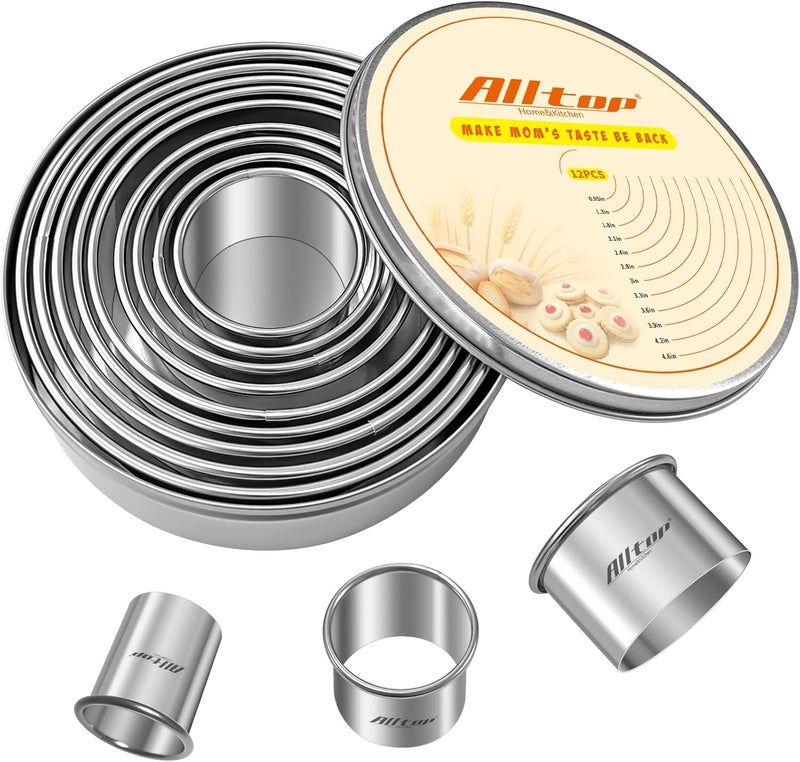 ALL-TOP 12 Pcs Round Biscuit Cutter - Stainless Steel Baking Essential Tool for Effortless Circle Cookie Shaping,Pastry,Cake Decoration&Fondant Creation – Precise Cut Utensil for Dumpling,Scone, Donut - Image 1
