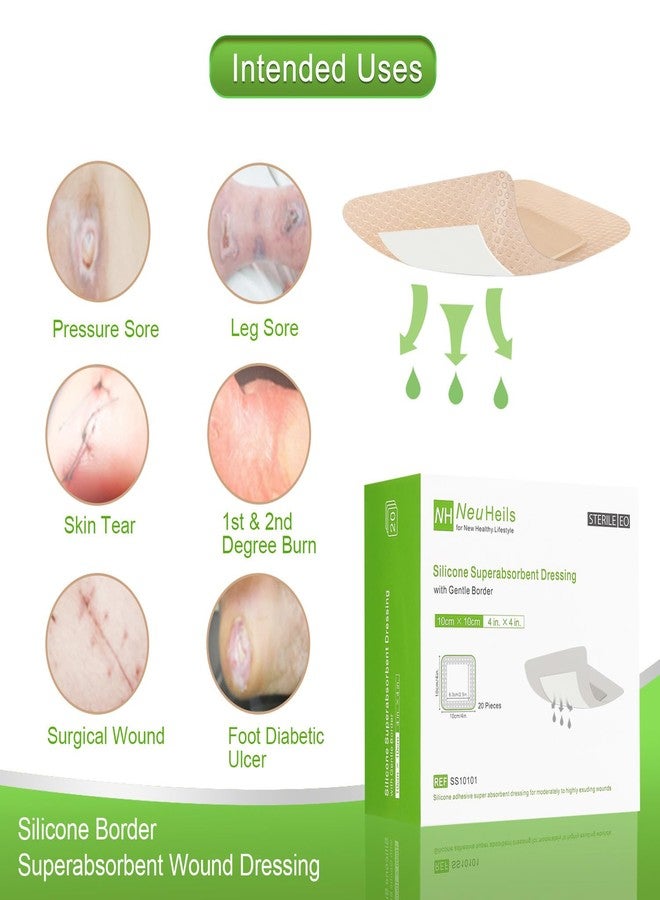 NeuHeils Silicone Super Absorbent Wound Dressing 4''x4'' 20 Packs, Self-Adhesive Waterproof Bandage with Ultrasorb Pad for Heavy Exudates Wound, Soft Gauze Island Dressing - Image 2