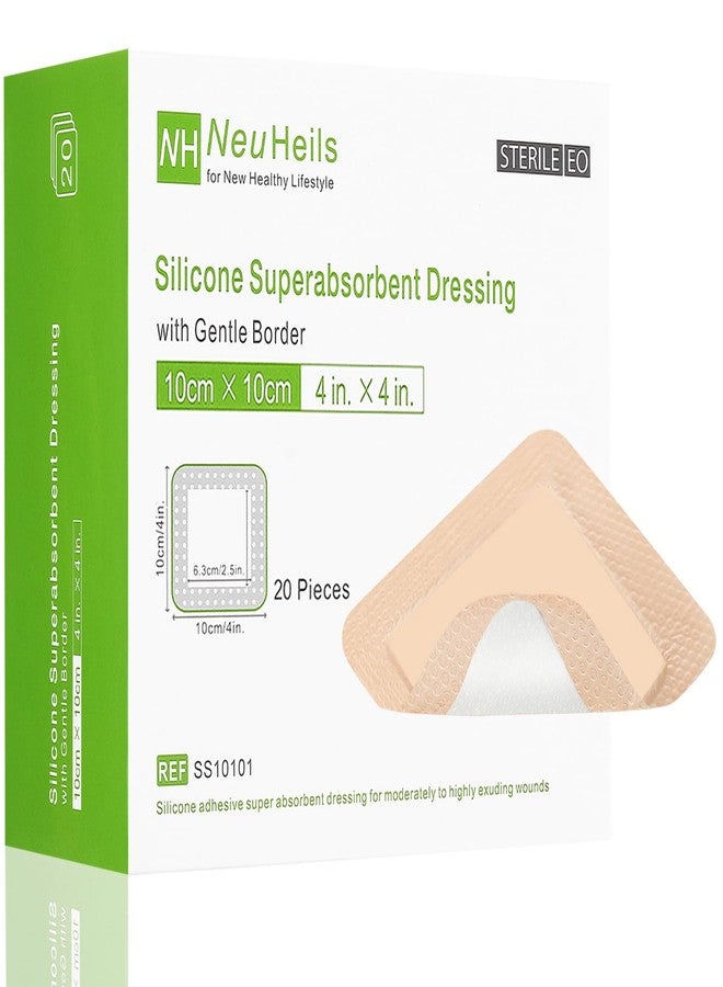 NeuHeils Silicone Super Absorbent Wound Dressing 4''x4'' 20 Packs, Self-Adhesive Waterproof Bandage with Ultrasorb Pad for Heavy Exudates Wound, Soft Gauze Island Dressing - Image 1