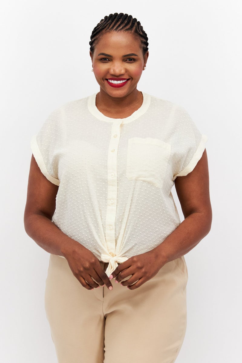 Jessica Simpson Women Plus Size Round Neck Short Sleeve Textured Top, Beige - Image 1