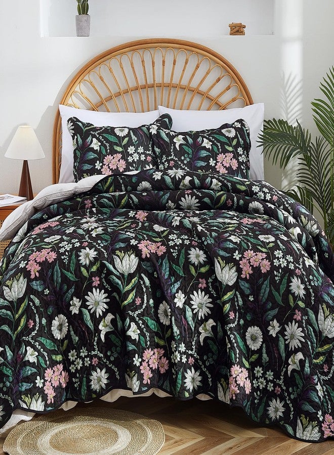 EVENHUG Floral Quilts Set Queen Size Botanical Bedding Sets with 2 Pillow Shams Reversible Black Bedspread Coverlet Lightweight Soft Bed Cover for All Season 3 Piece (92"X96") - Image 1