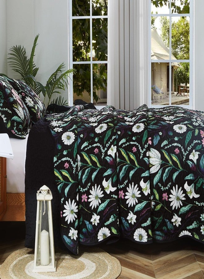 EVENHUG Floral Quilts Set Queen Size Botanical Bedding Sets with 2 Pillow Shams Reversible Black Bedspread Coverlet Lightweight Soft Bed Cover for All Season 3 Piece (92"X96") - Image 5