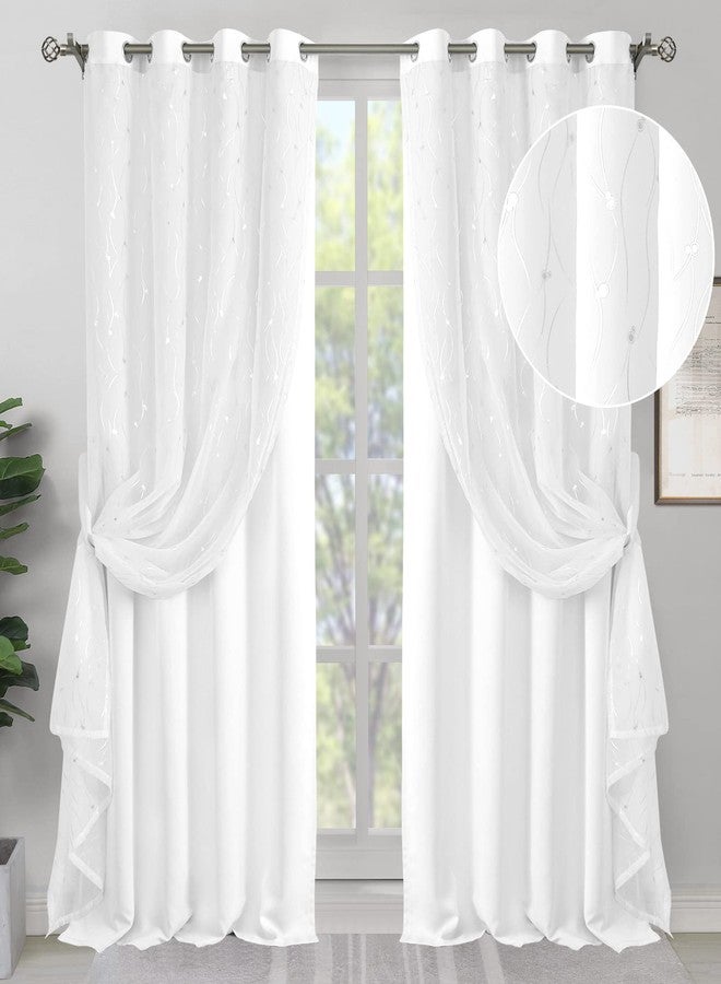 BGment White Room Darkening Curtains for Bedroom with Sheer Overlay, Double Layer Silver Printed Grommet Thermal Insulated Window Tulle Curtains for Living Room, 2 Panels Each 52 x 84 Inch, Pure White - Image 1